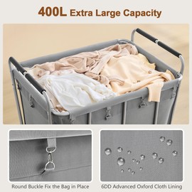 Hoctieon Large Laundry Cart with Wheels, 400L Heavy Duty Laundry Basket Organizer, Rolling Hamper Sorter for Clothes Storage, Industrial Dirty Clothes Hamper for Home & Hotel, Gray