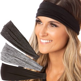 Hipsy Adjustable Cute Fashion Sports Headbands Xflex Wide Hairband for Women Girls & Teens (Black/Grey/Charcoal Xflex 3pk)