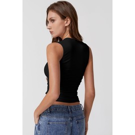 QINSEN Tank Tops for Women Square Neck Side Ruched Double Lined Slim-Fitting Going Out Crop Y2k Shirts Black S
