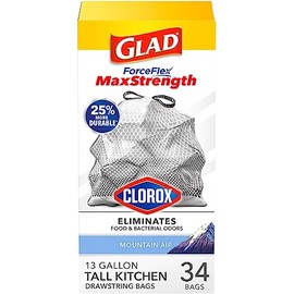 Glad ForceFlex MaxStrength con bolsas de basura altas Clorox con cordón de cocina, bolsas de basura grises de 13 galones, aroma al aire de montaña, 34 unidades