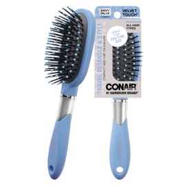 Conair Velvet Touch oval cushion hair brush - Travel Hairbrush- Detangling - ideal for curly or straight styles - detangler brushes - women or men - Sky Blue