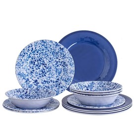 Miss Yip Melamine Dinnerware Set, 12 Piece, Service for 4, Floral Design, Colorful Plate Bowl Set, Lightweight