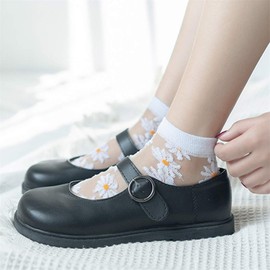 Sperrins 5 Pairs Transparent Mesh Transparent Socks Women Daisy Embroidery Lace Thin Fishnet Transparent Socks, White