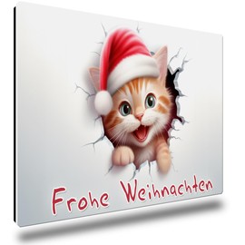 TRIOSK Christmas Magnets 3D Illusion Fridge Magnet Cat with Saying Merry Christmas Magnet Cat Motif Gift Funny for Cat Lovers Fridge Strong Large 85 x 55 mm Red