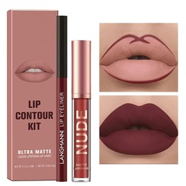 MIELIKKI 2Pcs Matte Liquid Lipstick and Lip Liner Set, One Step Lips Makeup Kit, Non-Stick Cup Lip Gloss + Lip Liner Pen, High Pigmented, Waterproof, Long-Lasting, 06