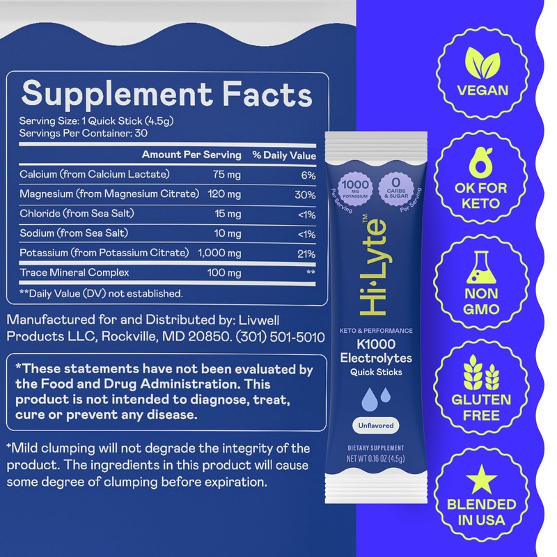 Hi-Lyte K1000 Hydration Packets Unflavored Keto & Performance, 30 Servings