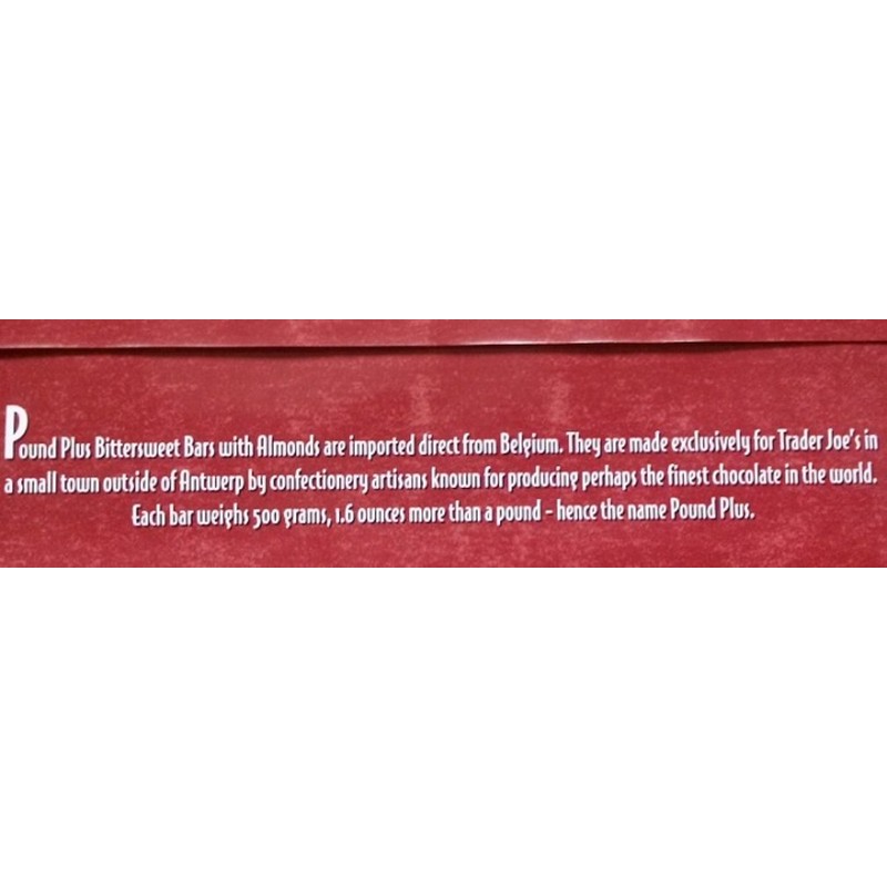 Trader Joes Bittersweet Dark Chocolate (54% Cocoa) with Almonds HUGE