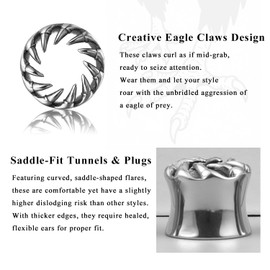 LADEMAYH 2Pcs 5/8in Silver Stylish Spiked Ear Gauges Plugs Tunnels - Unique Eagle Claw Design for Punk & Gothic Fashion, Hypoallergenic Surgical Steel Ear Stretcher Expander Body Jewelry