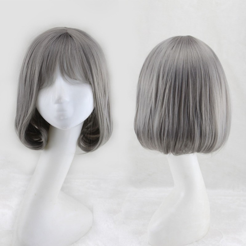 Bob Short Hair Wig Heat Resistant Synthetic Gray Breathable Fluffy