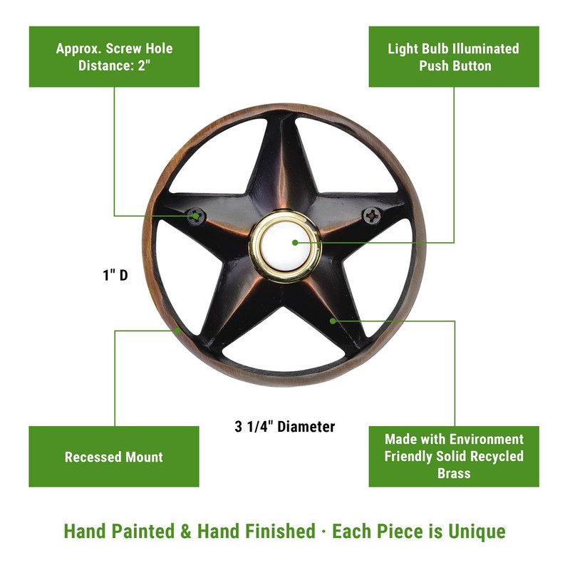 Waterwood Solid Brass Lone Star 3 1/4" Doorbell in Oil
