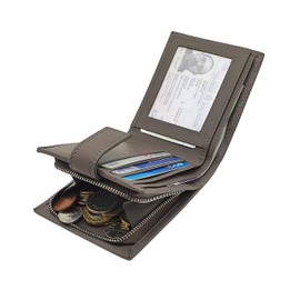MORUCHA Mens RFID Blocking Wallets Real Leather Passcase Wallet with A Large Zip Around Coin Pocket M70 (Grey)