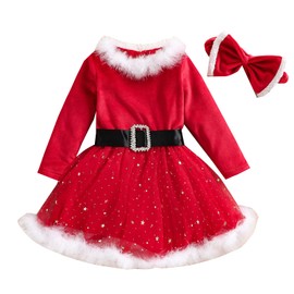 Nicoxijia Toddler Baby Girl Christmas Dress Long Sleeve Santa Claus Red Velvet Dress with Headband Outfit Infant Xmas Clothes (C-Red, 4-5 Years)