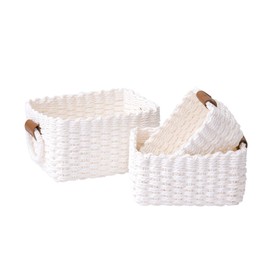 LA JOLIE MUSE Woven Storage Baskets for Organizing, Recycled Paper Rope Basket Bin Divider for Makeup Towel Shelf Cupboards Drawer Closet Dresser, Decorative White Storage Basket Set of 3