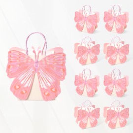 Cheerland Pink Butterfly Gift Bags for Pastel Garden Enchanted Woodland Theme Picnic Birthday Baby Shower Celebrations Spring Party Favor Treat Candy Supplies and Decorations (Pack of 8)