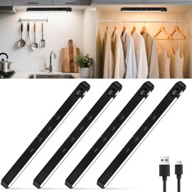 WILLED Motion Sensor Lights Indoor, 1800mAh USB Rechargeable LED Light Bar Battery Operated, 3 Color Temps, Dimmable Magnetic Under Cabinet Lighting for Kitchen, Closet (4 Pack, Black)