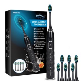 BRUSHKINZ Sonic Electric Toothbrush Black - 5 Modes with Smart Timer - Soft Bristle Wireless Rechargeable Toothbrush for Adults - Power Vibrating Toothbrush for Dental Oral Care - Lasts 60 Days