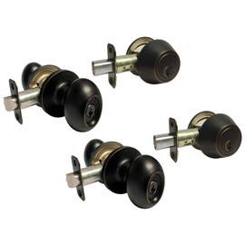 eBuilderDirect 2 Sets Dark Oil Rubbed Bronze Entry Entrance Oval Egg Style Knob with Matching Single Cylinder Deadbolt Combo Pack Keyed Alike