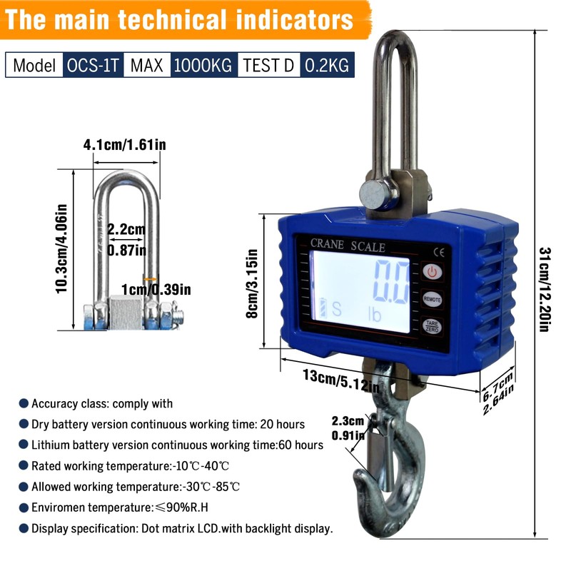 Digital Crane Scale,2200lb/1T Heavy Duty Digital Hanging Scale,Crane Scale Industrial
