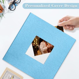 HoneyTolly Large Photo Album Self Adhesive with Picture Display Window, DIY Scrapbook Album for 4x6 8x10 Pictures, 40 Pages Light Blue Linen Cover Memory Book with Scraper and Metallic Pen