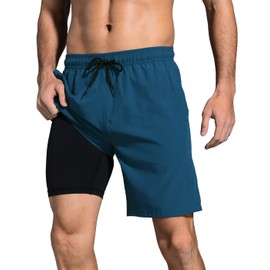 LUCOWEE - Traje de baño con forro de compresión para hombre, con cierre, bolsillo y bucle, secado rápido, 7 pulgadas, entrepierna, traje de baño, Azul (Seaport Blue), Small