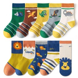 FedMois Pack of 10 Children's Cotton Socks for Boys and Girls, lion and dinosaur