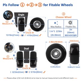 Luggage Wheels Replacement Kit 4PC Diameter 2in/50mm Thick 0.7in/18mm PU Wheels with Ball Bearing 3 Size Axles Full Set Repair Tool for Suitcase Trolley Bag Draw-bar Travel Box