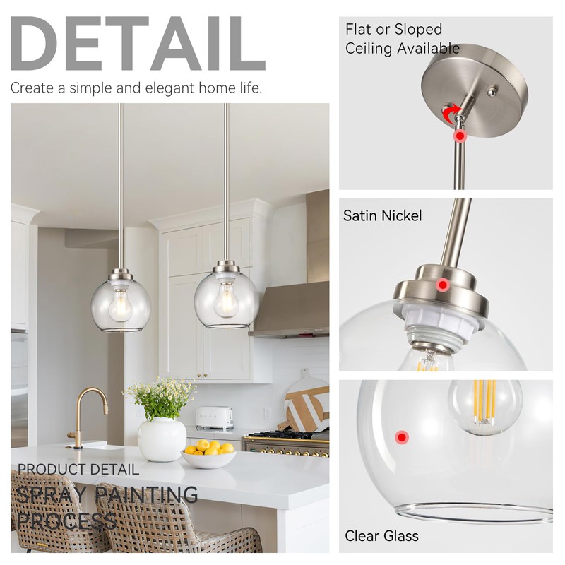 WYNEYET 3 Pack Globe Pendant Light, Brushed Nickel Hanging Ceiling