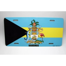 DIGIART INTERNATIONAL BAHAMIAN, BAHAMAS FLAG WITH COAT OF ARMS METAL CAR NOVELTY LICENSE PLATE AUTOTAG