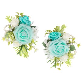 TINGE TIME Set of 2 Peach Pink Wrist Corsage Bracelets Pearl Wristlet Band Bridesmaid Bracelet for Wedding Ceremony Bridal Shower Wedding Artificial Flower Prom (Teal Blue)