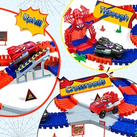 Spider Construction Race Tracks, Spider Toys for Boys 3-9 Kids Birthday Gifts, STEM Building Toys for Kids 3 4 5 6 7 8 9, Car Track with Superhero Cars -212PCS