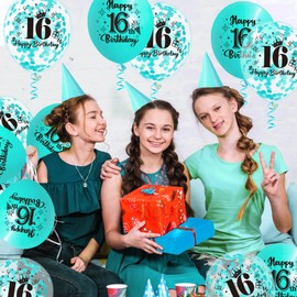 16th Birthday Balloons 18 Pcs Teal 16th Birthday Balloons Decorations for Girls Boys Teal Happy 16th Birthday Latex Balloons Confetti Balloons Turquoise 16th Birthday Anniversary Party Supplies 12inch