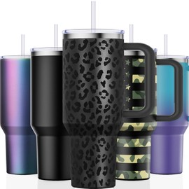 Greatyos 40 oz Tumbler with Handle and Straw Lid Insulated Tumblers Cups with Lids Straws Double Wall Vacuum Stainless Steel 40oz Tumbler Travel Mug Gifts for Men Women Him Her (Black Leopard)