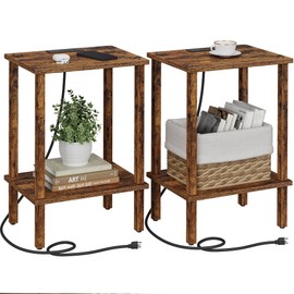 TUTOTAK End Table with Charging Station, Set of 2, Small Side Table with Outlets, Nightstand Bedside Table, 2-Tier Storage Shelf for Small Space, Living Room, Bedroom Brown TB01BB041C