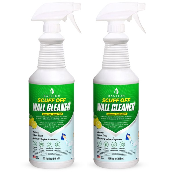 Wall Cleaner Spray: Multipurpose Solution - For Wood, Stone, & Painted, Matte, Gloss, Walls - Lemon Scent - Use with Mop, Brush, Sponge, Rag to Clean Dirty or Smoke Stained Areas - (2) 32oz