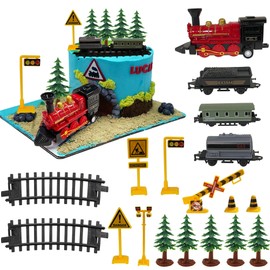 KDPATFAV 18PCS Train Cake Decorations and Toppers for Birthday Party Supplies - Railway Steam Theme Party Decorations With Track and Traffic