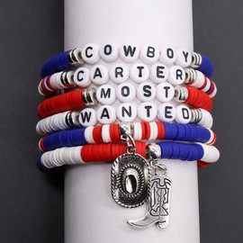 Western Cowgirl Cowboy Beaded Stretch Bracelets Bohemian Hat Boots Stackable Charm Bracelet 4th of July Independence Day Surfer Clay Bracelet for Women Men Holiday Memorial Jewelry﻿-Blue