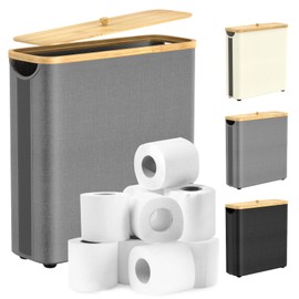 30L Toilet Paper Storage Basket with Lid, Hold Up to 16 Rolls, Slim Bamboo Toilet Paper Basket Holder Bin Container, Bathroom Accessories Organizer, Grey