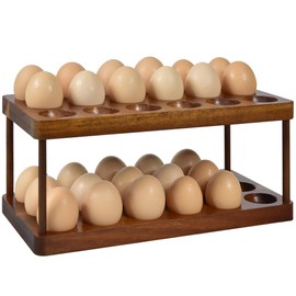Sishynio Double Layer Egg Tray Holder Countertop - Wooden Fresh Egg Rack Stackable Storage Basket, 2 Tier Egg Organizer for Farmhouse Kitchen Refrigerator