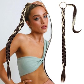 FELENDY 26" 30" Ponytail Extension Braided Long Straight Wrap Around Braiding Pony tails Hair Extensions Natural Soft Fishtail Braid for Women (26 inch,Dark Brown mix Bleach blonde)
