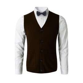 Men's Sweater Vest V-Neck Sleeveless Knitted Cardigan Mens Clothing_Chocolate_X-Large