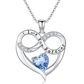 TANGPOET March Aquamarine Birthstone Necklace for Women Girls Sterling Silver Heart Pendant I Love You Forever Engraved Jewelry Gifts for Mom Wife Girlfriends on Mothers Day Birthday, Sterling Silver,
