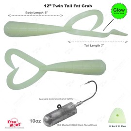 10oz Bullet Jighead 10/0 MUSTAD Hook + 2pcs 3oz Twin Tail Heavy Grub 12" (with Tail Extended) 9" scampi Fat Lure