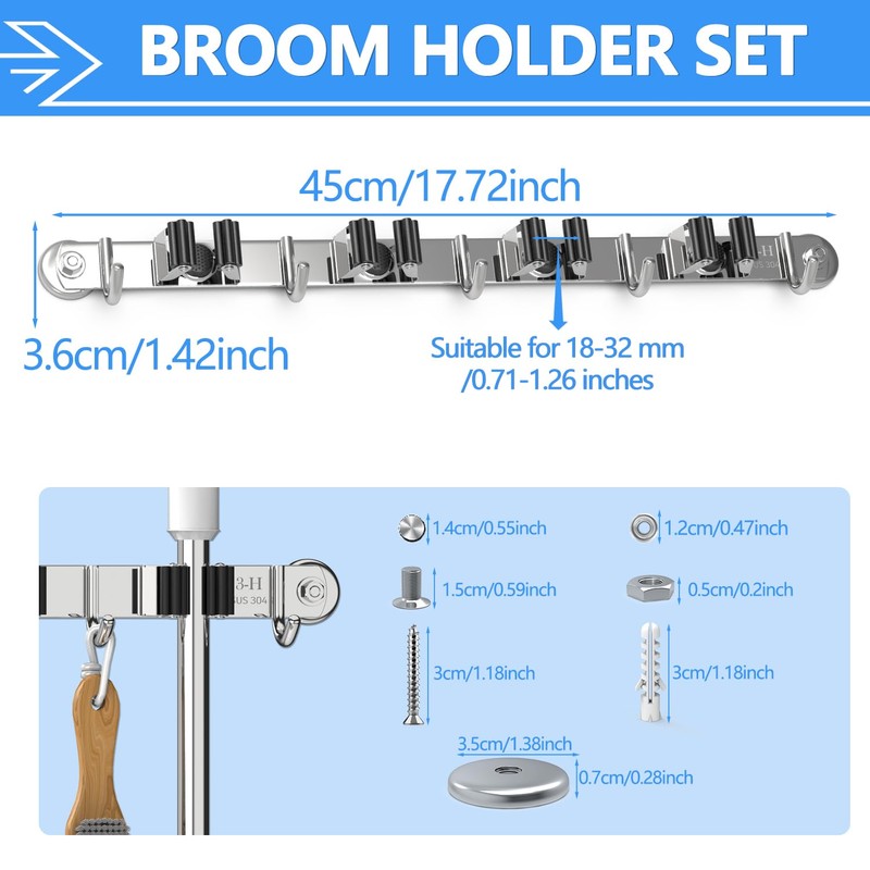 3-H Magnetic Broom Holder Wall Mount 2 Pack, 2-in-1 Dual