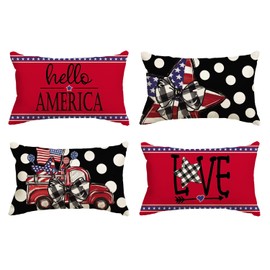 AVOIN colorlife Hello America Love Truck Heart Throw Pillow Covers, 12 x 20 Inch Polka Dots 4th of July Patriotic Independence Memorial Day Cushion Case for Sofa Couch Set of 4…