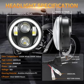 FZPJJNB 5.75 Inch Headlight For Yamaha VStar XVS 650 950 1100 Vmax 1200