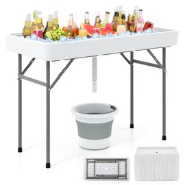 KOTEK Folding Ice Cooler Table, 4 FT Portable Ice Table with Drain, Matching Skirt & Foldable Bucket, Buffet Beverage Server for Party, Picnic, Camping