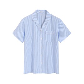 Latuza Men's Cotton Seersucker Pajama Shirt Lightweight Button Down Sleep Shirt, Blue Stripe, Large