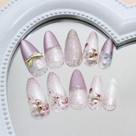 3D Press on Nails 24PCS Medium Almond Fake Nails With Glossy Red Floral Designs & 3D Pearl Full Cover Acrylic False Nails Reusable Stick on Nails for Women And Girls