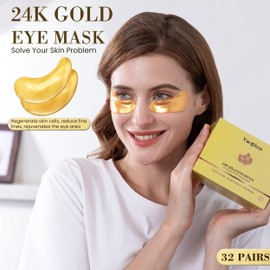 32 Pairs 24K Gold Under Eye Patches, Golden Eye Masks, Hydrating Undereye Pads for Dark Circles Anti Wrinkles Puffy Eyes, Puffiness Eye Bags Eyes Gel Pads, Women Men Travel Skincare Set