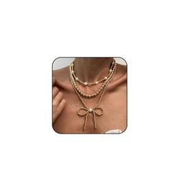 Atiptu Bow Necklace for Women Bohemian Gold Beaded Necklace Pearl Adjustable Layered Choker Chain Jewelry (Gold)
